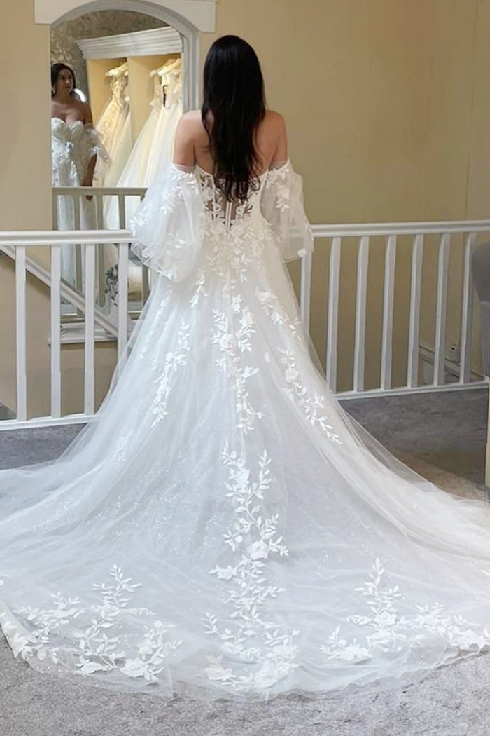 White Strapless A-Line Long Wedding Dress with Detachable Sleeves