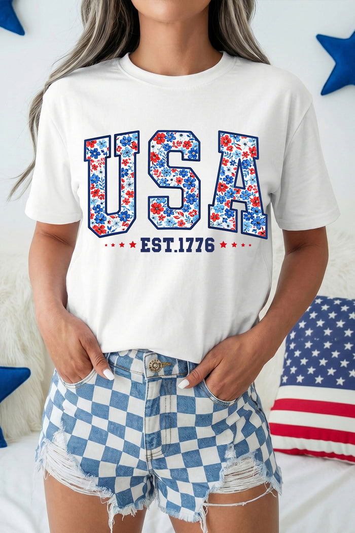 White USA Floral Print EST 1776 Patriotic Graphic Tee