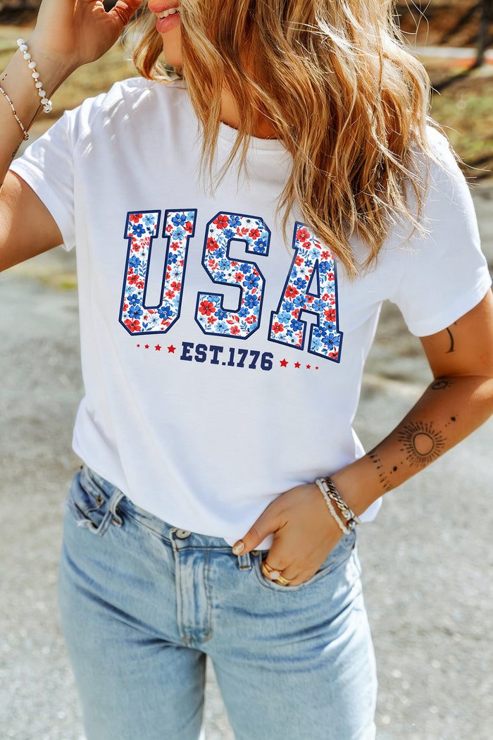 White USA Floral Print EST 1776 Patriotic Graphic Tee