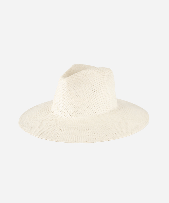 A white wide brim fedora straw hat on a white background #color_white