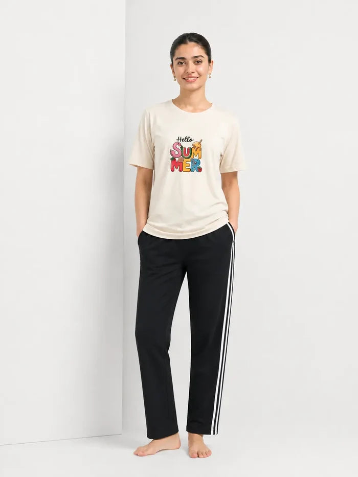 Women's Cream Hello Summer Jersey Cotton T-Shirt & Black Stripe Pajama Set