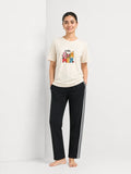 Women's Cream Hello Summer Jersey Cotton T-Shirt & Black Stripe Pajama Set