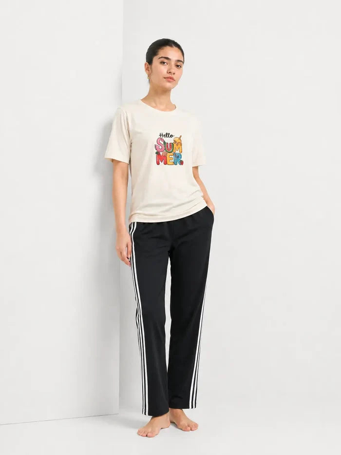 Women's Cream Hello Summer Jersey Cotton T-Shirt & Black Stripe Pajama Set