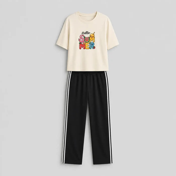 Women's Cream Hello Summer Jersey Cotton T-Shirt & Black Stripe Pajama Set