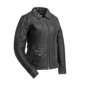 Women's Freedom black leather motorcycle jacket front view