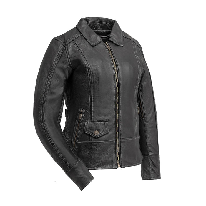 Women's Freedom black leather motorcycle jacket front view