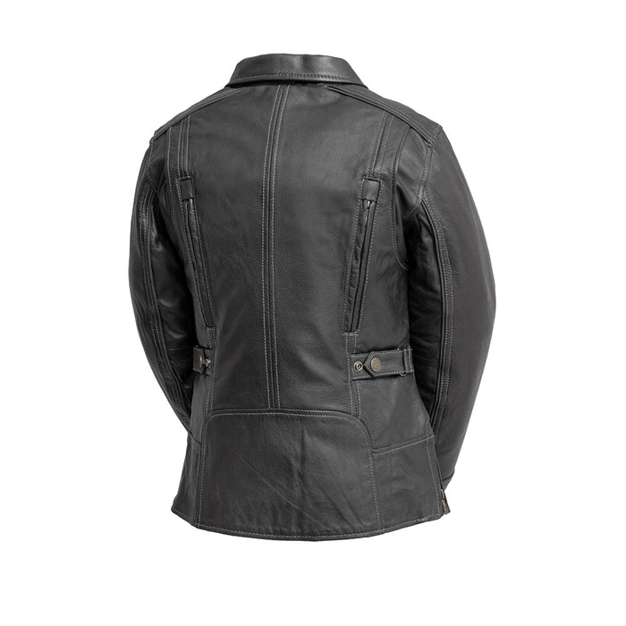 Women's Freedom black leather motorcycle jacket back view with zippered vents