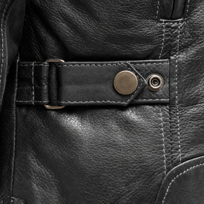 Women's Freedom leather motorcycle jacket snap waist adjustment detail