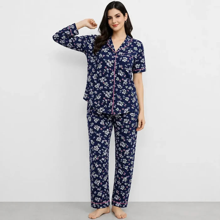 Women's Navy Blue Floral Printed Jersey Cotton Night Suit