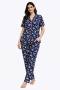 Women's Navy Blue Floral Printed Jersey Cotton Night Suit