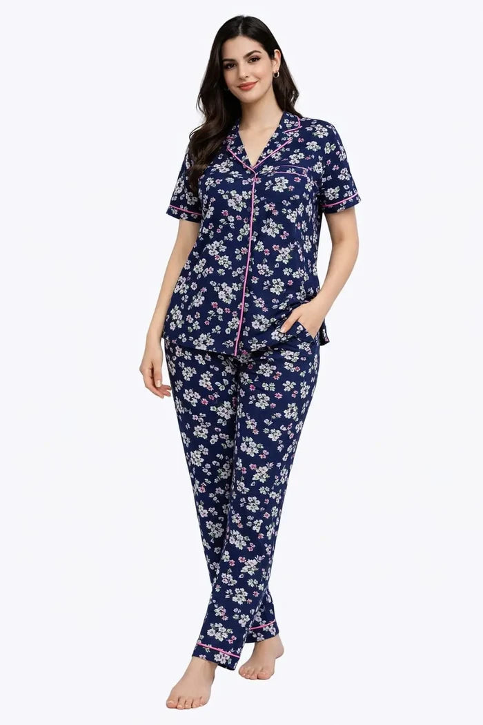 Women's Navy Blue Floral Printed Jersey Cotton Night Suit