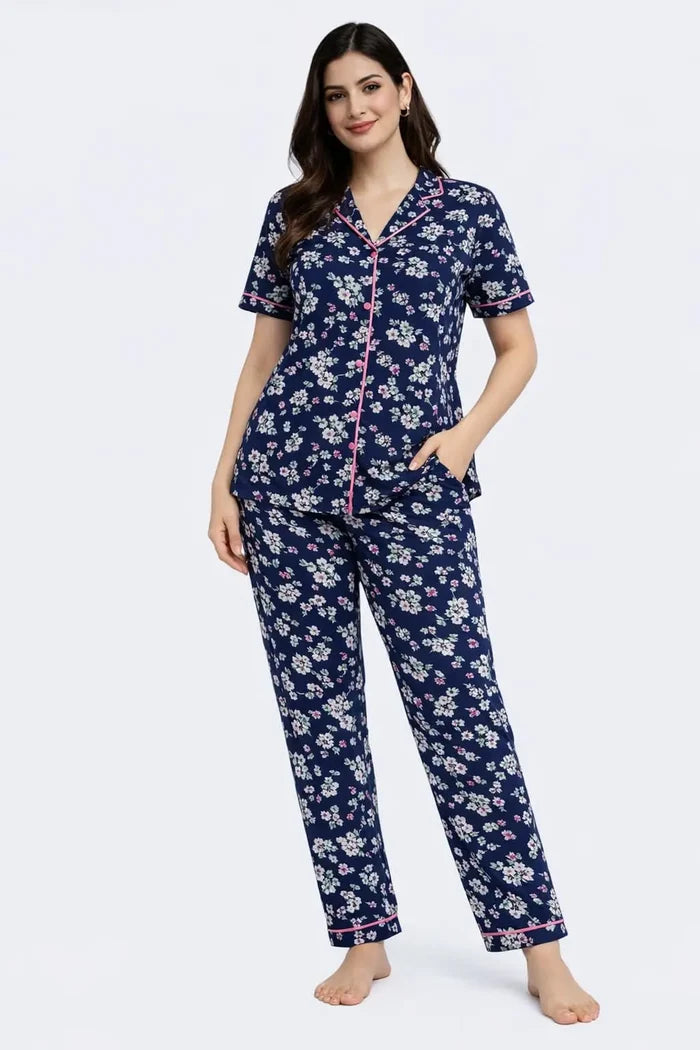 Women's Navy Blue Floral Printed Jersey Cotton Night Suit