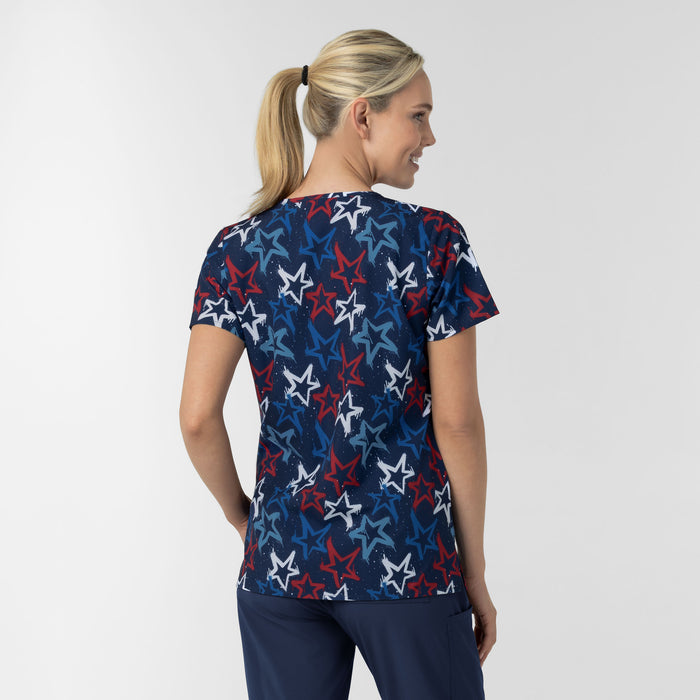 Women's V-Neck Print Scrub Top - Star Spangled Sky - memorial day scrubs