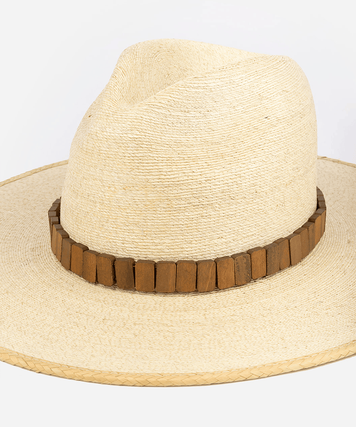Beige straw hat with a wooden band on a white background #color_brown