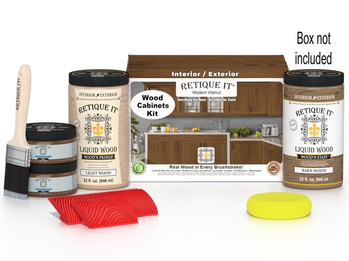 Retique It® Modern Walnut Wood Cabinets Kit with primer, stain, brush, roller, yellow sponge, red graining tools, and packaging.