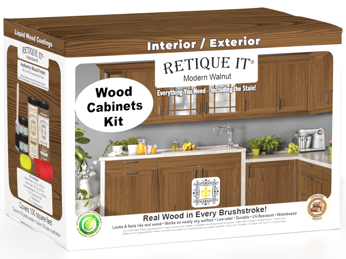 Retique It® Modern Walnut Wood Cabinets Kit packaging featuring rich wood-look kitchen cabinets.