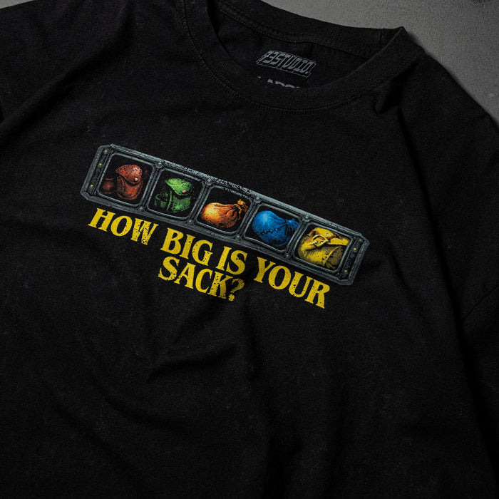 World of Warcraft How Big is Your Sack Black T-Shirt - Front View Close Up