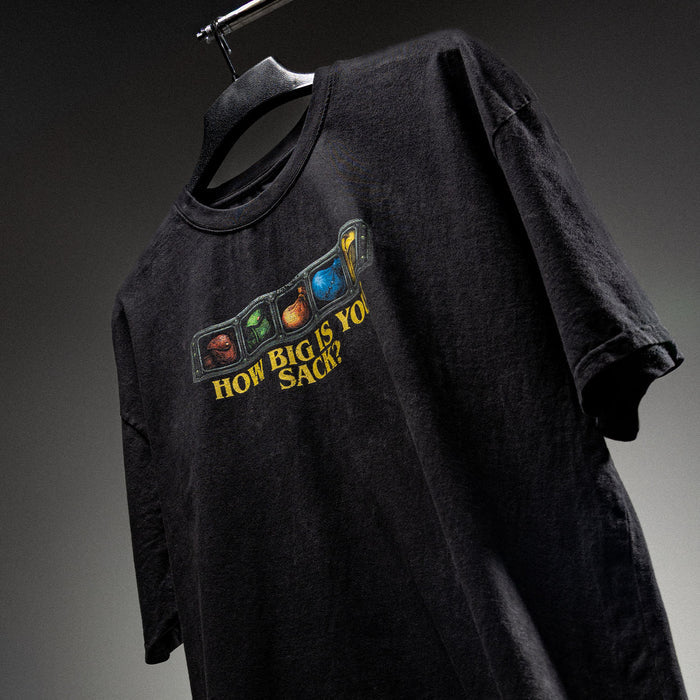 World of Warcraft How Big is Your Sack Black T-Shirt - Front View Hanging Up Stylized View