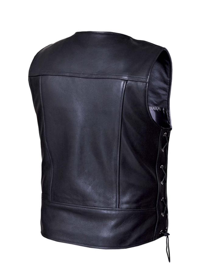 Men's Wrangler Leather Vest: Mens Premium side laced leather vest 2 exterior pockets &amp; 2 inside concealedcarry pockets