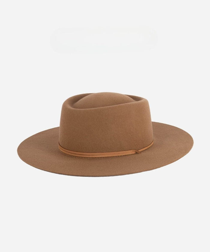 A brown fedora hat with a hat band on a white background #color_brown