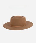 A brown fedora hat with a hat band on a white background #color_brown