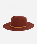 A rusty red colored fedora hat with a yellow band on a plain background #color_rusty red