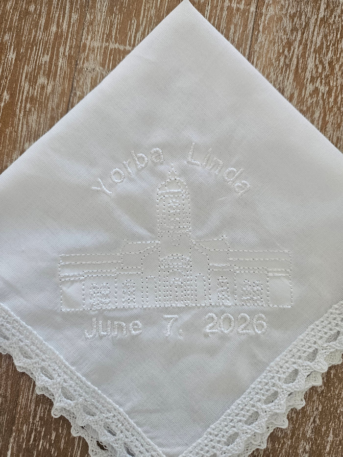 embroidered yorba linda hankie with lace edge