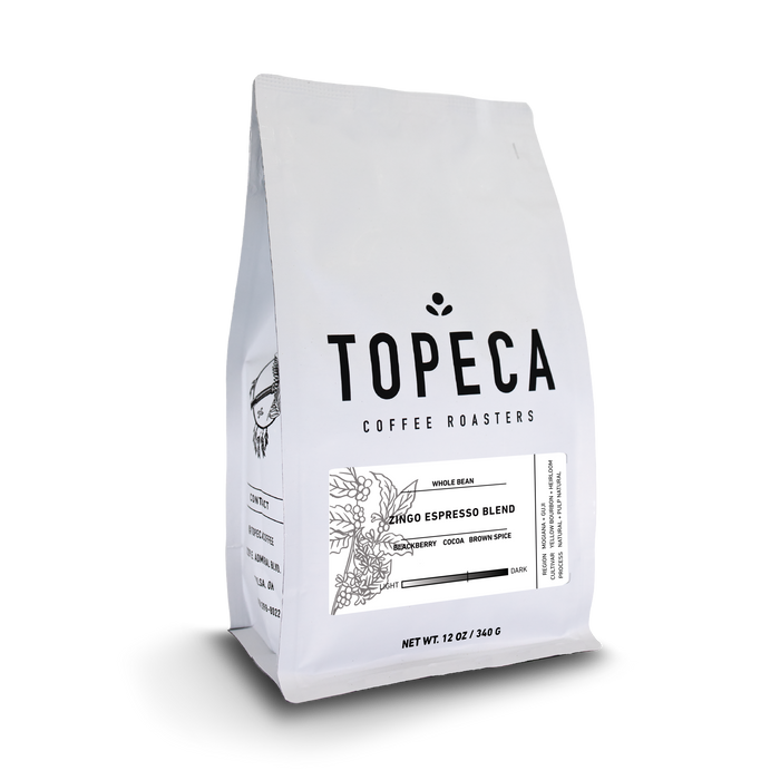 Topeca Coffee Roasters Zingo Espresso Blend bag with bold TOPECA logo and botanical label