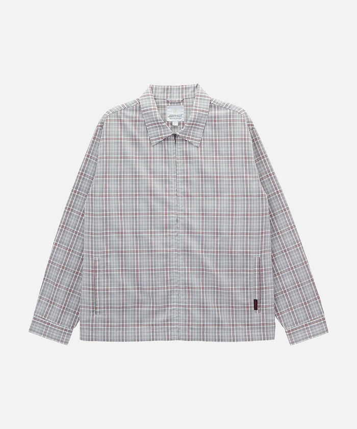 Gramicci natural shadow plaid Zip-Up Garage Jacket against a light-tone background.